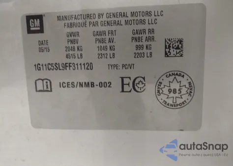 2015 Chevrolet Malibu 1Lt from USA, damaged, VIN 1G11C5SL9FF311120